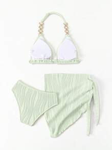 3pcs/Set Teenagers Girls Mint Green Fresh Color Swimsuit With Gold Accessories, Fashionable Vacation Casual Swimwear Set, Mommy And Me Matching Outfits (3 Sets Sold Separately) - Mint Green - View 2