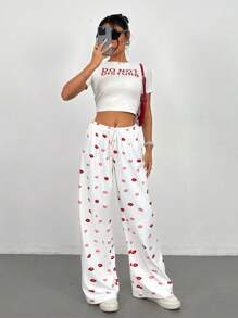 SHEIN PETITE Pantaloni casual da donna con stampa su tutto il capo e laccio frontale, stile minimalista per uso quotidiano