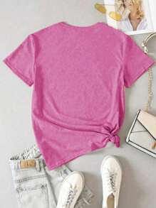 Women's Casual Crew Neck Short Sleeve T-Shirt With Sun Embroidery, Versatile - Hot Pink - View 2