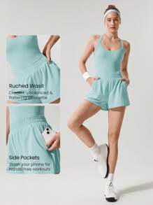 GLOWMODE Bộ đồ liền thân 6'' FeatherFit™-Air Runched Waist Crossover Back Side Pockets có quần short tích hợp, tay cầm chống trượt, chạy bộ, tập luyện tại phòng tập thể dục - Xanh lá cây Mù sương - Xem 3