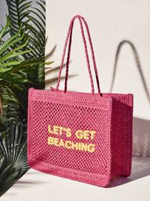 SHEIN VCAY Vacation Casual Letter Embroidery Hollow-Out Tote Bag - Hot Pink - View 2