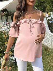 SHEIN Blouse de grossesse décontractée avec volant de couleur unie - Rose bonbon - Voir 5