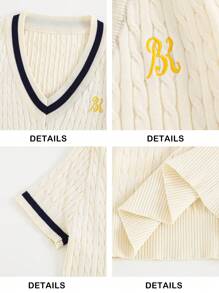 Briarwyn Blusa lavorata a maglia con scollo a V, maniche corte, contrasto di colore, con ricamo a lettera, per outfit estivi da donna, casual business