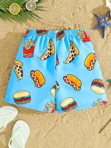 SHEIN Kids Tween Boy Casual Japanese And Korean Versatile Comfortable Hamburger Fries Print Pattern Woven Loose Shorts Swimming Trunks