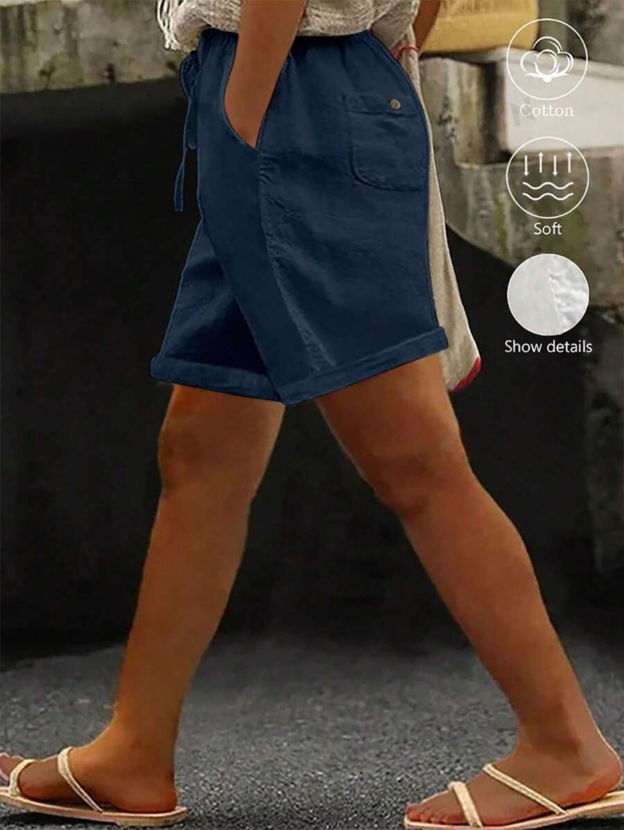 Linhara Plus Size Women Beach Washed Cotton Cinched Waist Back Pocket Button Detail Cropped Top - Navy Blue - View 1