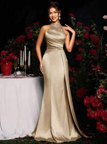 Coutiva Women's Solid Color Ruched Rhinestone Decor Sleeveless Elegant Evening Dress, Formal, Party Dress, Gown, For Wedding Guest - Champagne - View 7