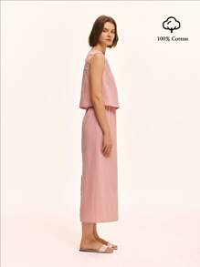 Chiquease Artistic Style Solid Color Cotton Short Top + Slit Back Skirt Set, Comfortable Casual Holiday Vacation Two Pieces - Baby Pink - View 5