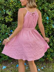 SHEIN VCAY Plus Size Solid Color Textured Hollow Out Halter Neck Dress, Casual Vacation Graduation Dress Sun Dress Concert Outfit Women Summer Outfits For Women Easter Outfit Women Festival Rave Bohemia Graduation Wedding Guest Dress Women  Vacation Boho Festival Outfits Country Concert Outfit Brunch Outfits For Women Easter Outfit Curve