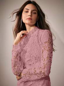 Anewsta Váy ren cao cấp thanh lịch bằng vải satin hoa hồng Pháp cho nữ - Hồng - Xem 4