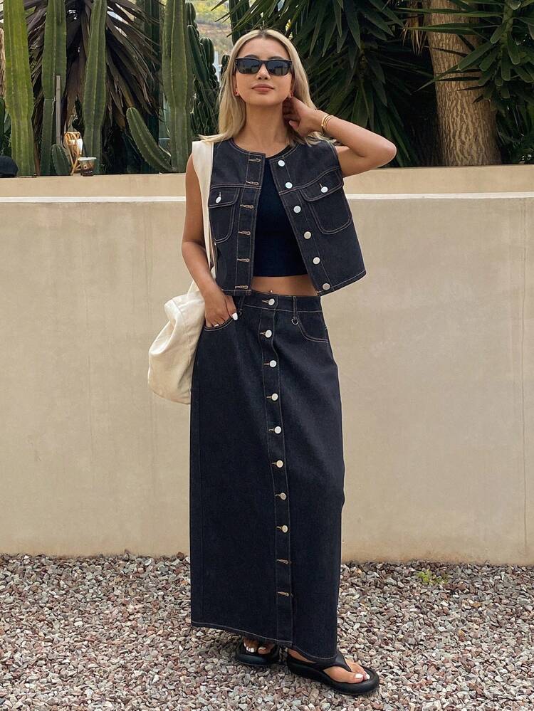 2pcs/Set Women Vintage Washed Denim Waistcoat & Skirt Suit
