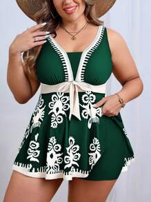 Swim Lushoire Conjunto de falda de natación con estampado floral y nudo en la cintura talla grande para mujer