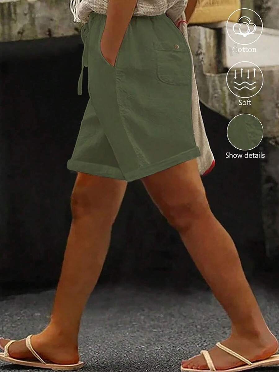 Linhara Plus Size Women's Cinched Waist Washed Cotton Cropped Top With Back Buttoned Pockets - Army Green - View 1