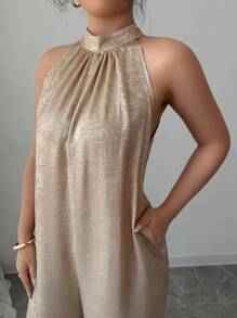 SHEIN LUNE 女式夏季挂脖式金属装饰连体裤，带口袋