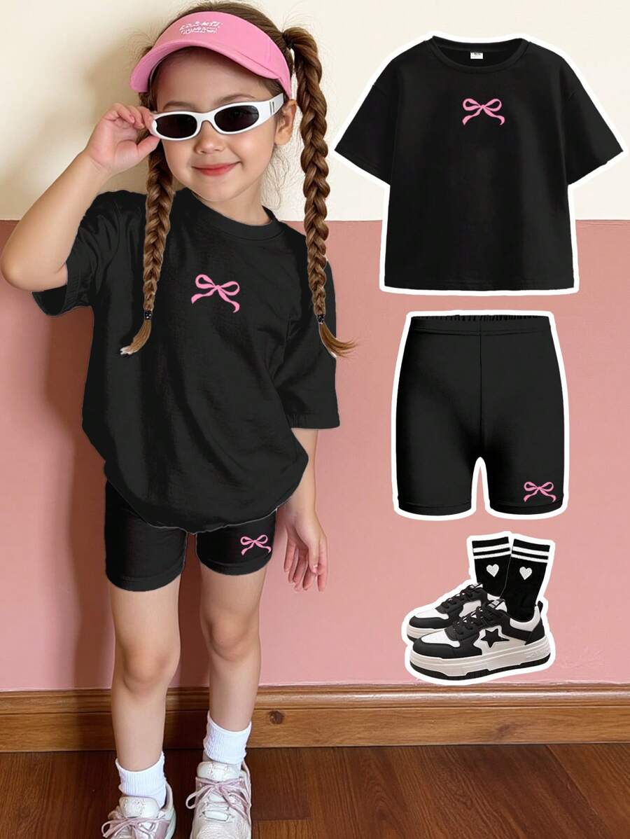 SHEIN Leap Crew 2pcs/Set Young Girls Ballet Style Mini Pink Bow Pattern Casual Loose Fit Short Sleeve T-Shirt And Shorts Set, For Summer - Black - View 1