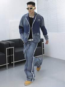 Manfinity EMRG Plus Size Men's Distressed Denim Jacket And Pants Casual Jeans Set, Fall Clothes - Blue - View 7