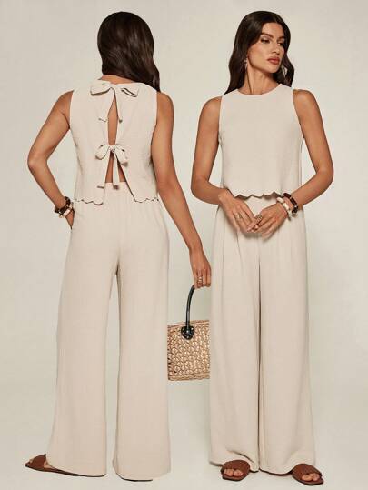 SHEIN Tall Retro Vacation Women's Two Pieces Set With Hollowed-Out Bow Design Top + Wide-Leg Trousers, Comfortable And Casual Vacation Wear, Business Casual Woman, Summer Sets