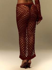 Musera Resort Y2K风格镂空钩针编织修身长裙罩衫，适合夏季度假、节日狂欢等场合。 - 紅色 - 查看 4