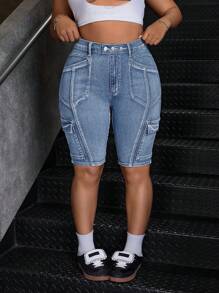 SHEIN ICON Plus Size Summer Casual Washed Denim Shorts - Light Wash - View 1