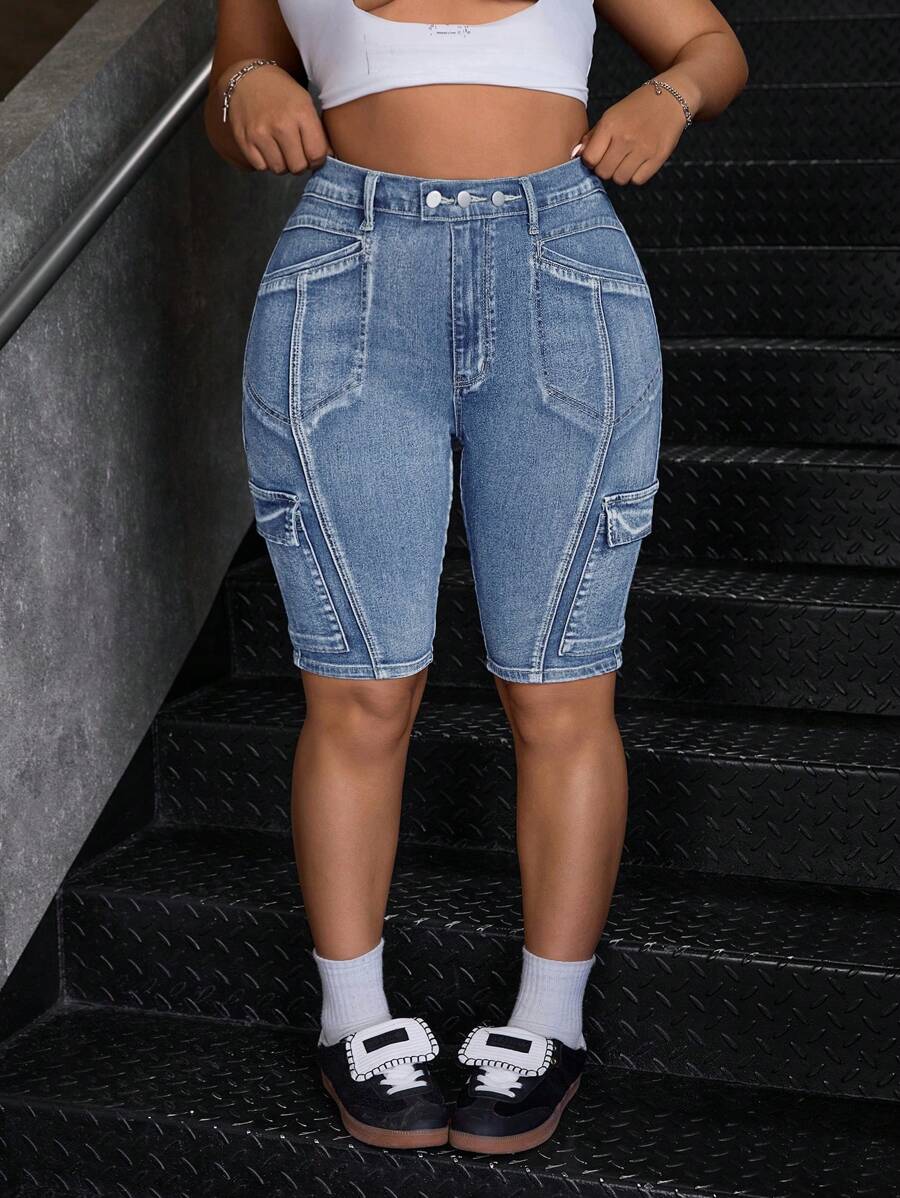 SHEIN ICON Plus Size Summer Casual Washed Denim Shorts - Light Wash - View 1