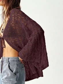 Plus Size Women Solid Color Long Sleeve Front Tie Hollow Out Loose Cardigan - Burgundy - View 7