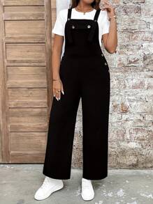 SHEIN LUNE Plus Size Women Casual Vacation Jumpsuit With Decorative Buttons - Black - View 4