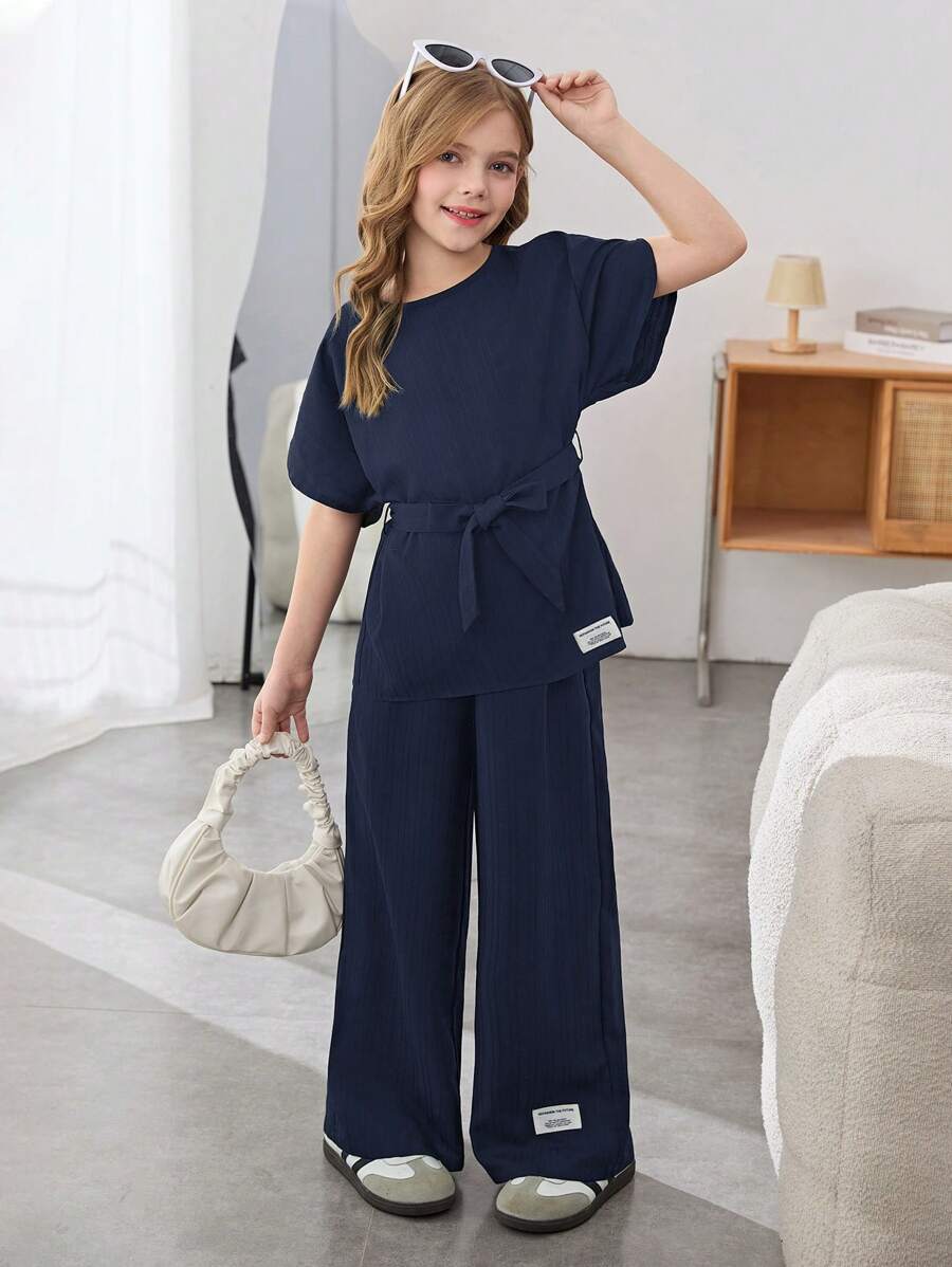 Firerie Kids Firerie Kids Tween Girls Woven Textured Loose Drop Shoulder Tie Waist Letter Graphic Shirt And Wide Leg Pants 2 Pieces Set, Casual Vacation Outfit
