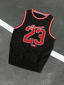 Manfinity Sporsity Camiseta sin mangas de talla grande para hombre de verano con estampado numérico y ribete
