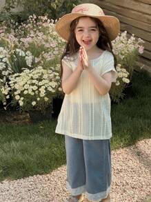 DAZY Bộ 3 món áo thun cổ tròn đan + áo liền quần + quần denim cho bé gái, mùa hè - Rửa trung bình - Xem 4