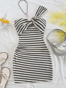 Soleia WYWH Women's Knitted Striped Mini One-Shoulder Bodycon Dress,Black And White Checkered,Summmer,Seksi Chic,Brunch,Bohemian Vacation Rave Party Outfits - Black and White - View 5