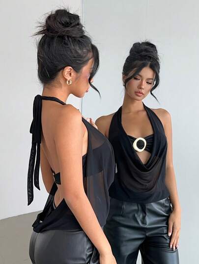 Aloruh New Sexy Draped Neck Backless Metallic Decor Semi-Sheer Modern Top, Rave Top