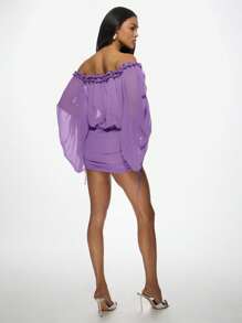 MISSGUIDED Vestido mini con hombros descubiertos, mangas globo dramáticas, diseño de falda fruncida, perfecto para fiestas, cócteles, eventos de noche, moda de declaración, colección de primavera y verano