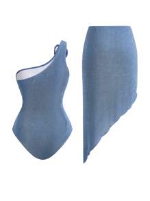 Swim Oasis 2pcs Oasis Floral Print Asymmetrical One Shoulder One-Piece Swimsuit For Summer Beach Vacation