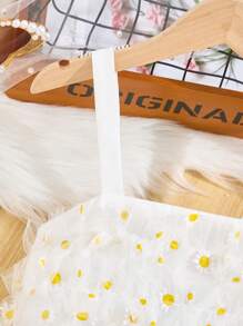 SHEIN 2 件套女童雏菊花卉吊带上衣和蓬松迷你裙套装，夏季度假装 - 白色 - 查看 4