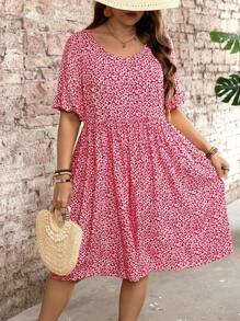 SHEIN LUNE 大码短袖圆领时尚连衣裙，适合夏季 - 紅色 - 查看 3