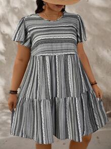 SHEIN LUNE Vestido de línea A de manga corta con volantes y rayas de colores para mujer de talla grande para el verano