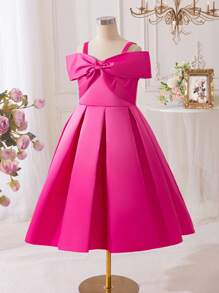 SHEIN Glamorique Kids 青少年女孩优雅纯色蝴蝶结装饰露肩连衣裙 - 玫紅色 - 查看 3