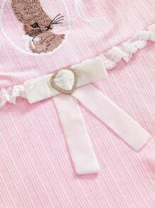ROMWE Kawaii Parte superior tipo camisola con cuello halter, encaje bordado y lazo de conejito estilo Lolita Kawaii para mujer