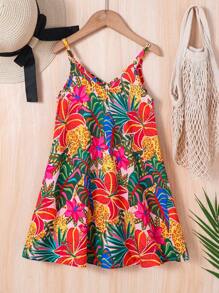 SHEIN Young Girl Woven Tropical Print Slip Dress