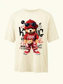 新款卡通熊图案T恤，女士圆领休闲宽松时尚上衣，适合春夏日常穿着 - 杏色 - 查看 3