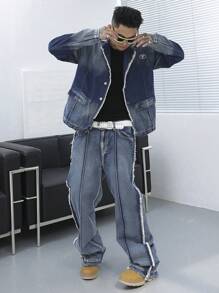 Manfinity EMRG Plus Size Men's Distressed Denim Jacket And Pants Casual Jeans Set, Fall Clothes - Blue - View 1