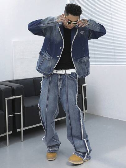 Manfinity EMRG 大码男士破洞牛仔夹克和裤子休闲牛仔裤套装，秋季服装