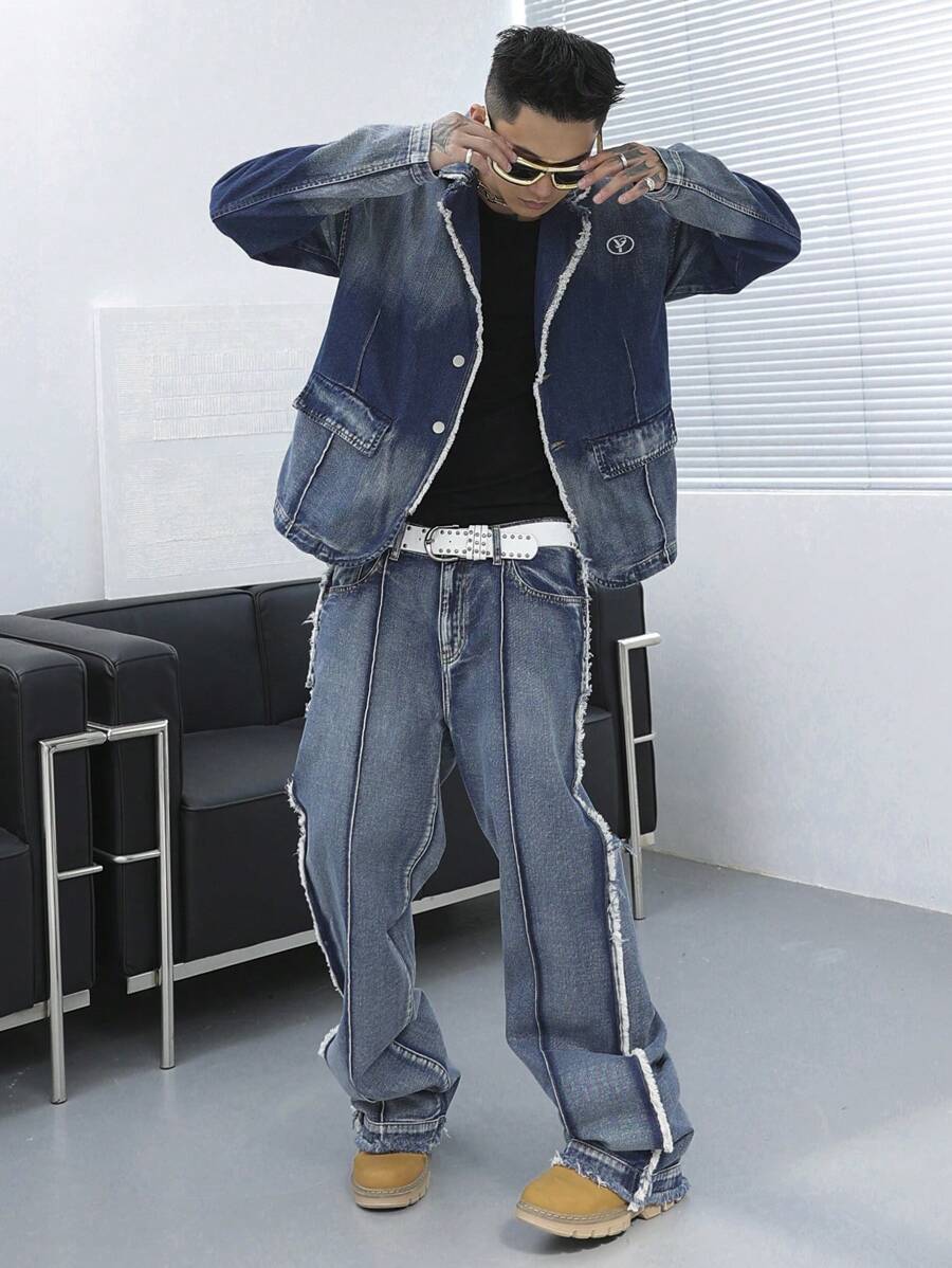 Manfinity EMRG Plus Size Men's Distressed Denim Jacket And Pants Casual Jeans Set, Fall Clothes - Blue - View 1