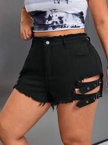 SHEIN ICON Shorts vaqueros casuales de talla grande con botón y dobladillo deshilachado, para verano