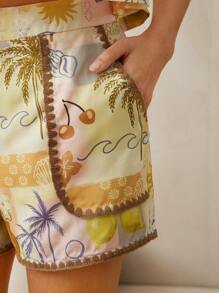 L'Amorae 优雅柔和的热带印花撞色细节夏季短裤，带口袋，海滩度假装，女士夏季服装 - 彩色 - 查看 3