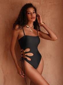 Swim Chiccia 1pc Women's Solid Color Hollow Out Spaghetti Strap Backless One-Piece Swimsuit With Pearl Decor, High-Cut Thong Style For Summer Beach Vacation - Black - View 4