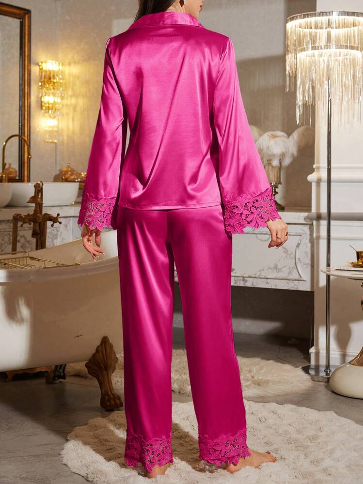 LuxeNights 2 Pieces Women Luxury Lace Trim Sleepwear Pajama Set, Fall Winter Clothes - Hot Pink - View 2