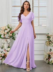 SHEIN Belle V-Neck High Slit Chiffon Bridesmaid Dress (Adult) - Violet Purple - View 4