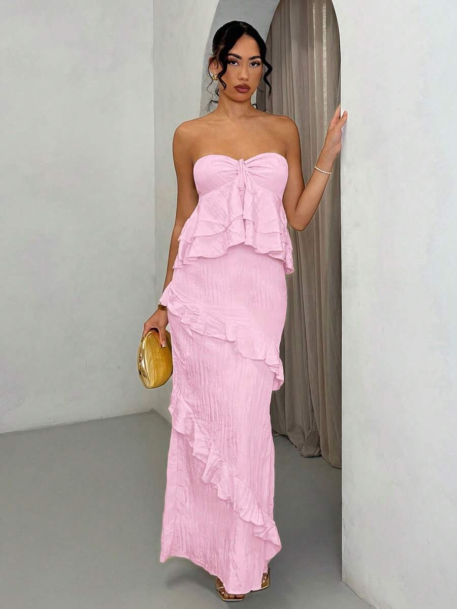 SHEIN BAE Váy dài hở vai voan xếp nếp trong suốt màu vàng trơn cho nữ, thích hợp cho kỳ nghỉ, đêm hẹn hò, phù dâu, mùa xuân/hè - Hồng - Xem 1