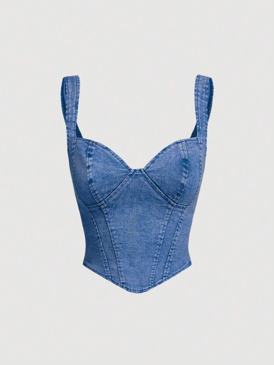 SHEIN MOD Women's Summer Fashion Sweetheart Collar Sleeveless Denim Blouse - Medium Wash - View 1