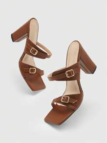 CUCCOO BIZCHIC Women's Brown Strap Simple Square Toe Chunky/Slim Heel Mid/High Heel Elegant Casual Comfortable Slip-On Pumps, Suitable For Work, Commute, Formal Occasions, Parties, Weddings - Brown - View 1